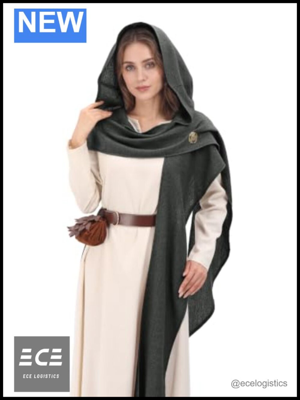Renaissance Hooded Long Scarf Shawl LARP Hood with Brooch Costume